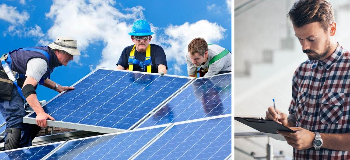 solar panel installer checks safety checklist on solar site