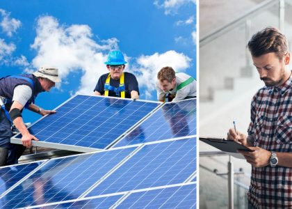 solar panel installer checks safety checklist on solar site