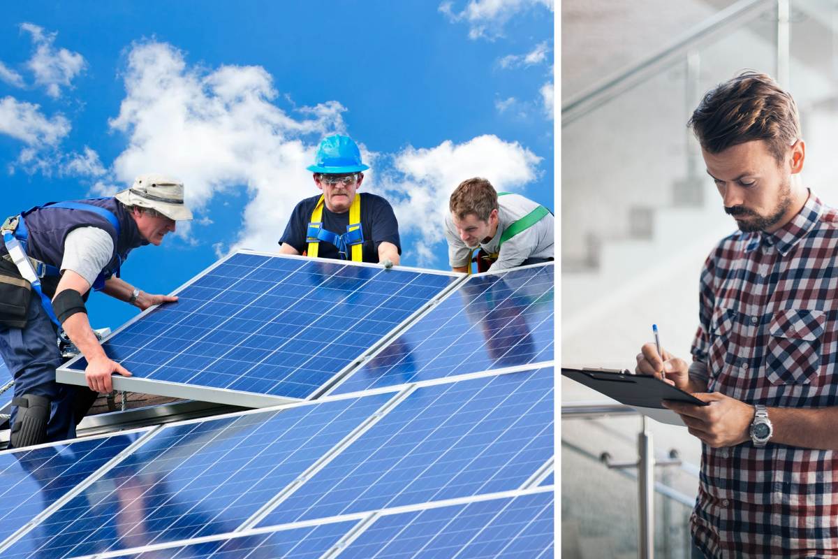 solar panel installer checks safety checklist on solar site