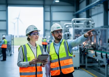 Two consultants wearing hard hats and high-visibility vests discuss plans on a manufacturing floor, one pointing toward machinery while the other holds a tablet turned away from the camera; production lines and distant workers blur behind them, with wind turbines visible through a window.