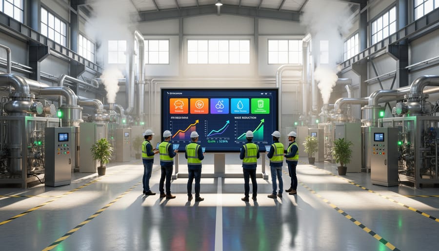 Modern industrial facility with emissions monitoring and environmental control equipment