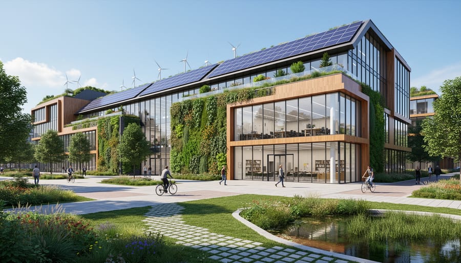 Contemporary building featuring green roof garden and integrated solar panels