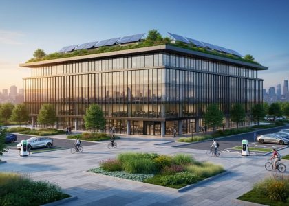 Low-angle wide shot of a modern office building with a green roof and rooftop solar panels at golden hour, with a plaza featuring permeable pavers, rain garden plantings, EV charging stations, cyclists, and a softly blurred city skyline in the background.
