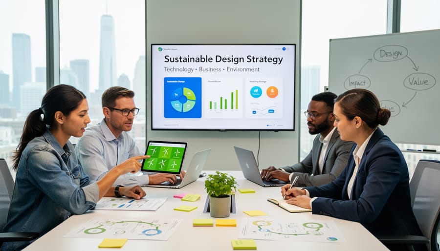 Business team of engineers and sustainability professionals collaborating on building design plans