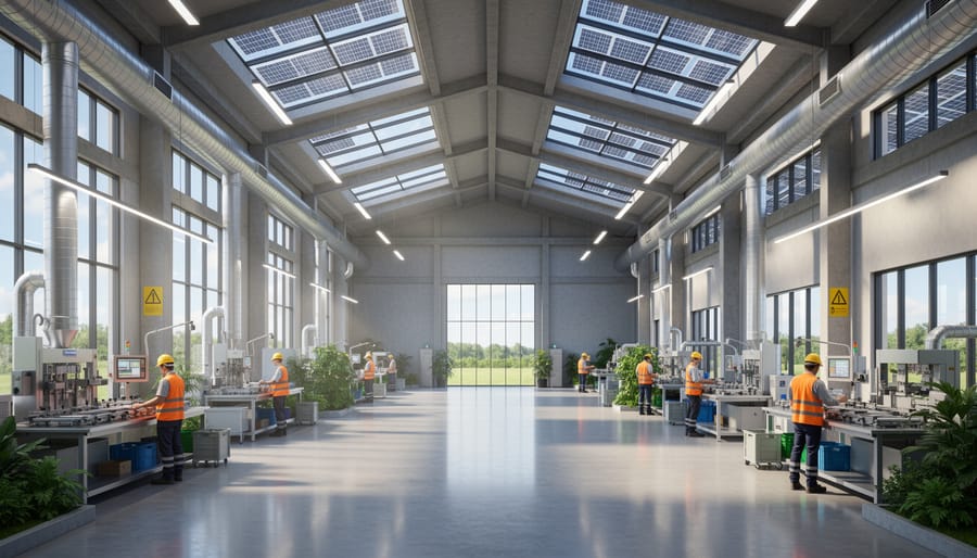 Modern industrial facility interior with natural daylighting and efficient systems