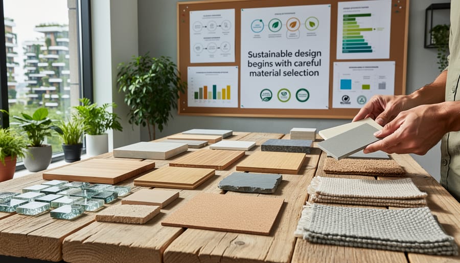 Designer's hands working with sustainable building material samples and sketches