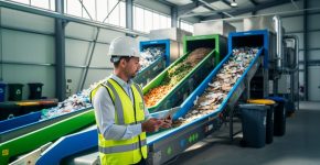 ESH professional inspecting a modern waste-sorting facility with separated waste streams on conveyor systems, symbolizing waste reduction and material recovery in 2026.