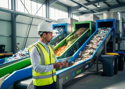 ESH professional inspecting a modern waste-sorting facility with separated waste streams on conveyor systems, symbolizing waste reduction and material recovery in 2026.
