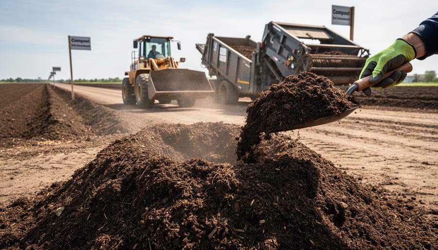 Dark compost mounds in an industrial composting facility with a loader in the background.