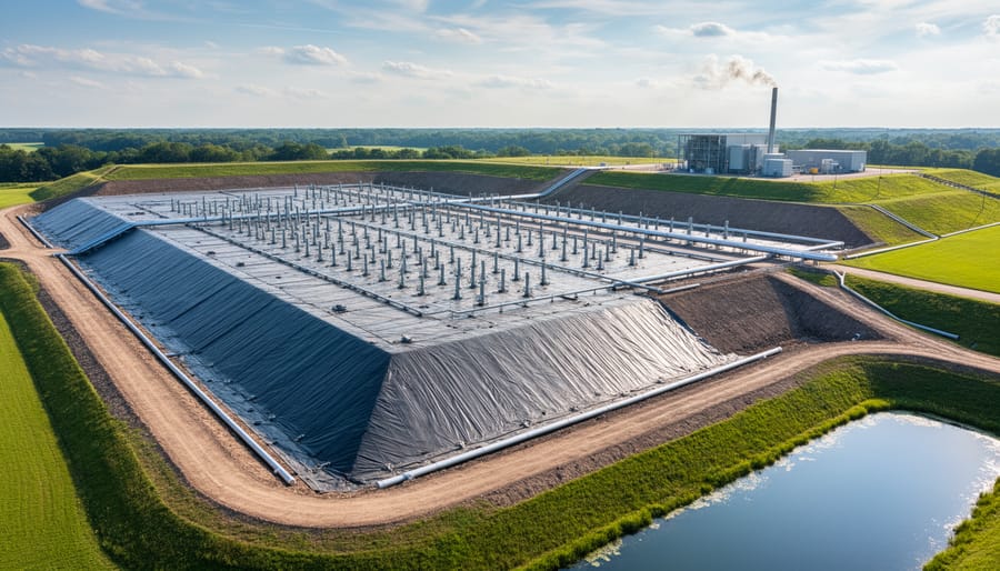 Modern engineered landfill site with vegetation and methane capture infrastructure components.