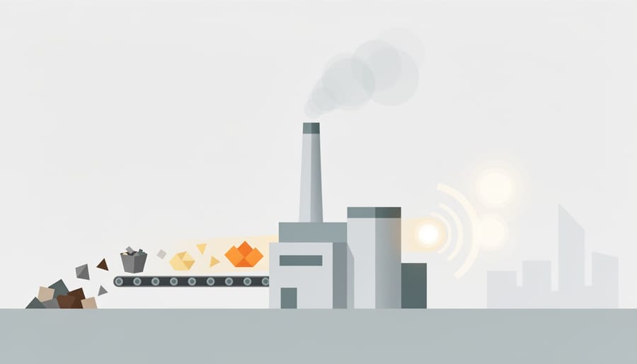 Waste-to-energy plant exterior with a smokestack emitting a faint plume against a dusk sky.
