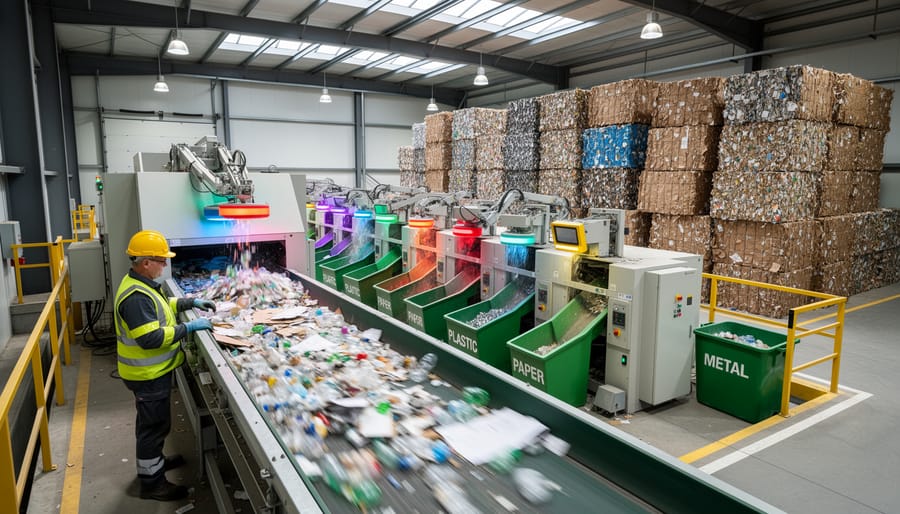 Workers in a recycling facility stand beside sorted recyclable materials and covered conveyor equipment.