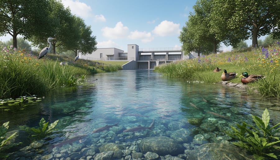 Clear flowing water and green reeds suggesting environmental protection after wastewater treatment