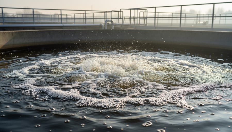 Close-up view of aeration bubbles rising in a wastewater aeration basin