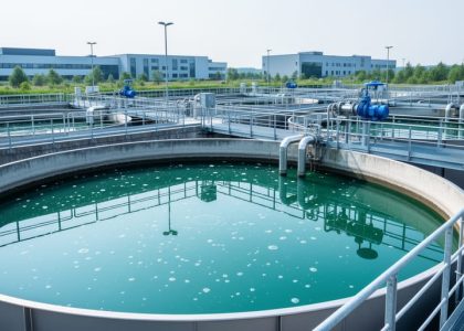 Modern wastewater treatment facility with aeration tanks, settling basin water, and industrial pipes under a bright sky