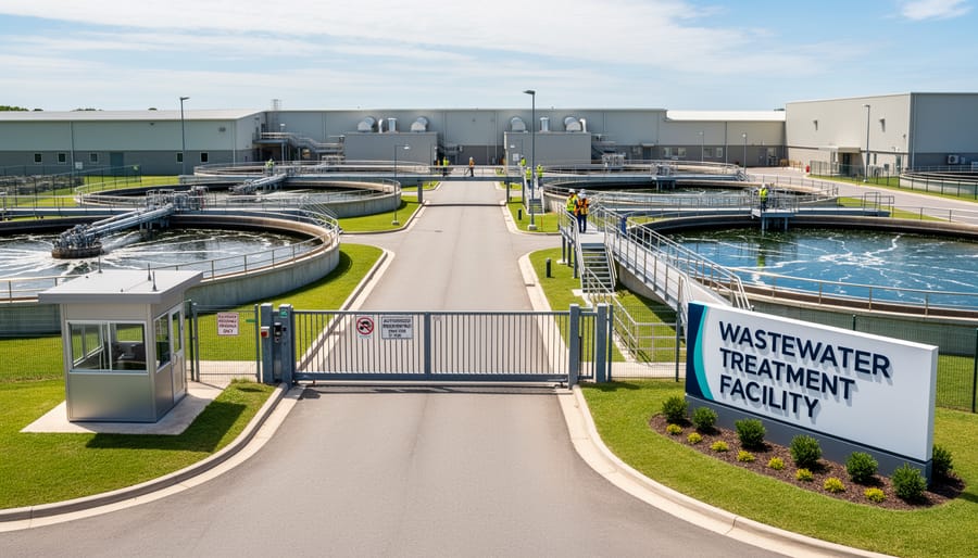 Municipal wastewater treatment facility entrance and inlet channel in view under overcast light