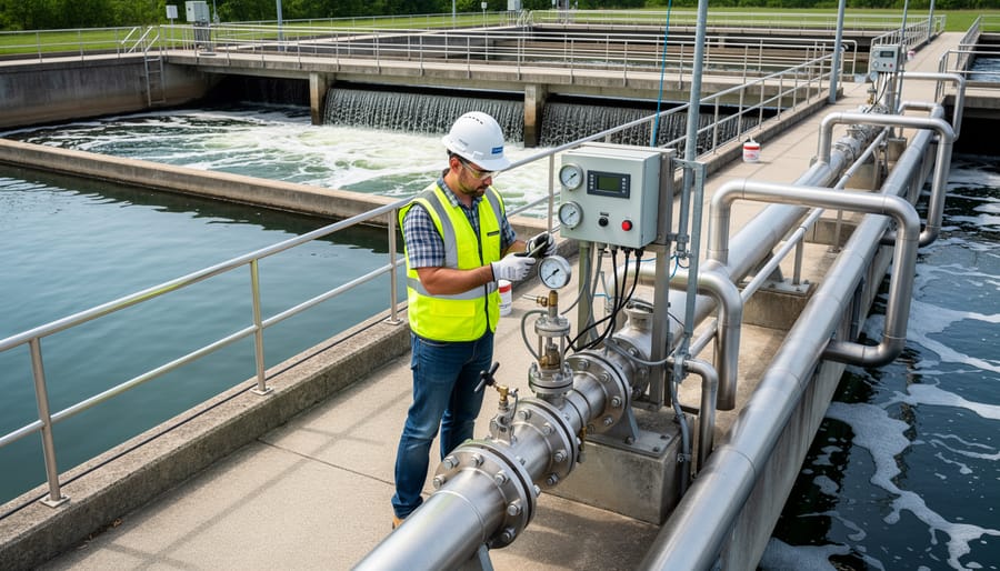 Wastewater treatment operator in high-visibility gear near a circular clarifier tank