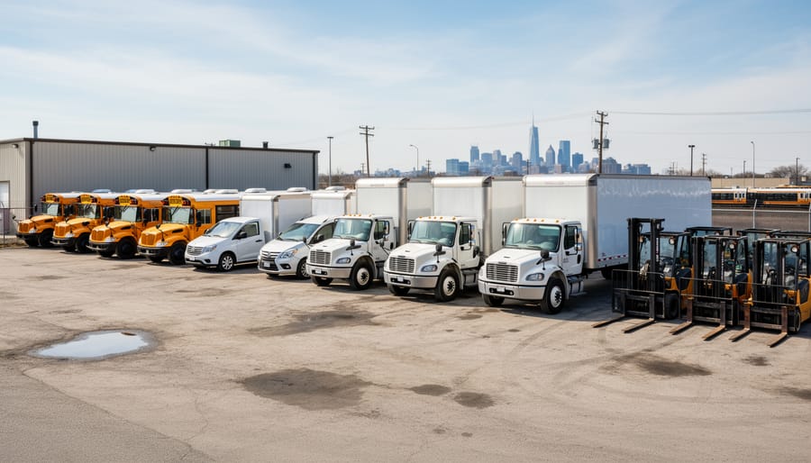 Diesel buses and trucks parked in a municipal fleet yard near a service bay
