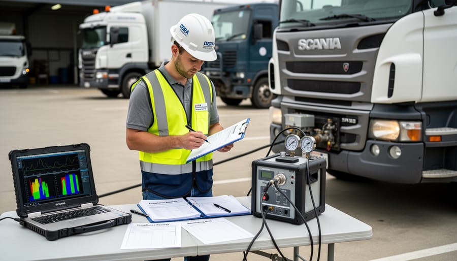 Compliance professional using a handheld emissions monitor near equipment at a diesel retrofit worksite