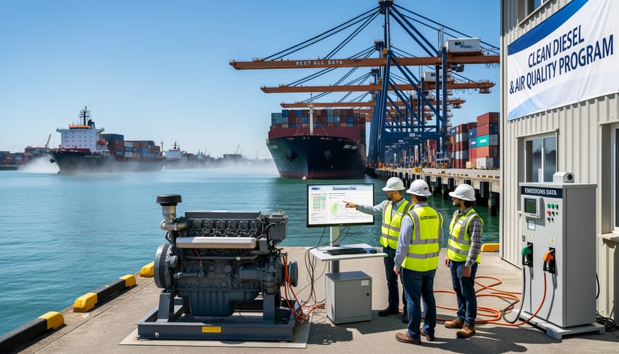 Tugboat near a port with container yard and cranes in the background during golden hour