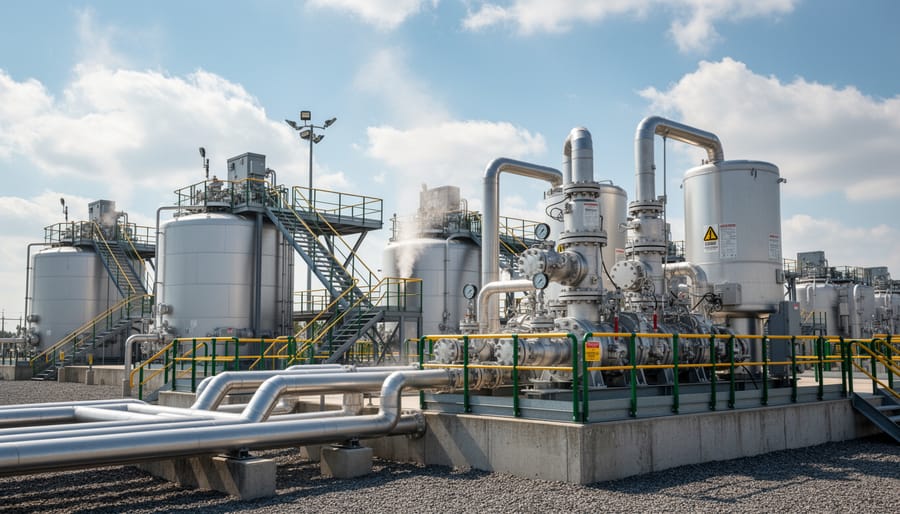 Sunrise view of industrial compressor station and storage tanks in an industrial facility setting