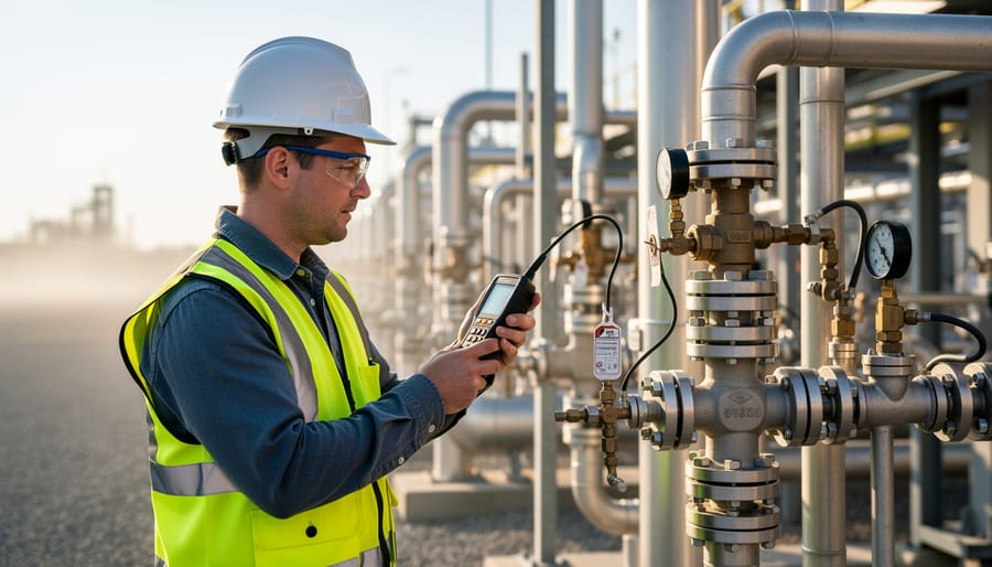 Maintenance worker inspecting industrial piping and valve equipment using inspection tools