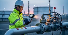 Technician using an infrared methane detector near pipelines and valve equipment at an industrial facility during dawn conditions.
