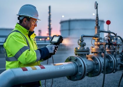 Technician using an infrared methane detector near pipelines and valve equipment at an industrial facility during dawn conditions.